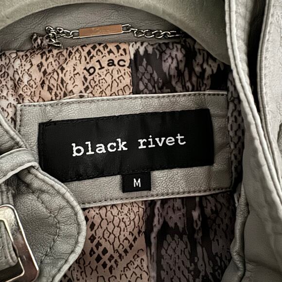 Black Rivet Faux Leather Motorcycle Jacket in Grey - Picture 7 of 7